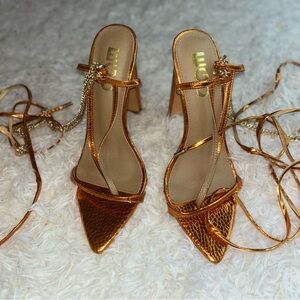 EGO Metallic Gold Lace-Up Heels | Strappy Statement Sandals | Size 8